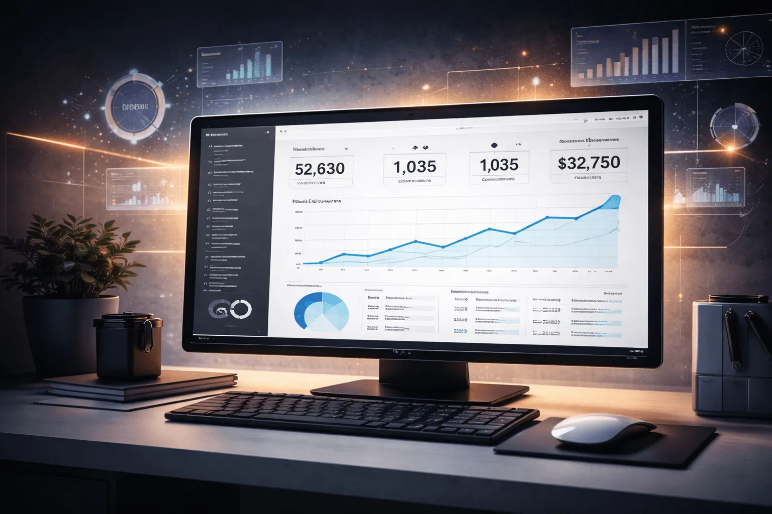 Monitor de computadora mostrando un panel de control con gráficos financieros y métricas de crecimiento